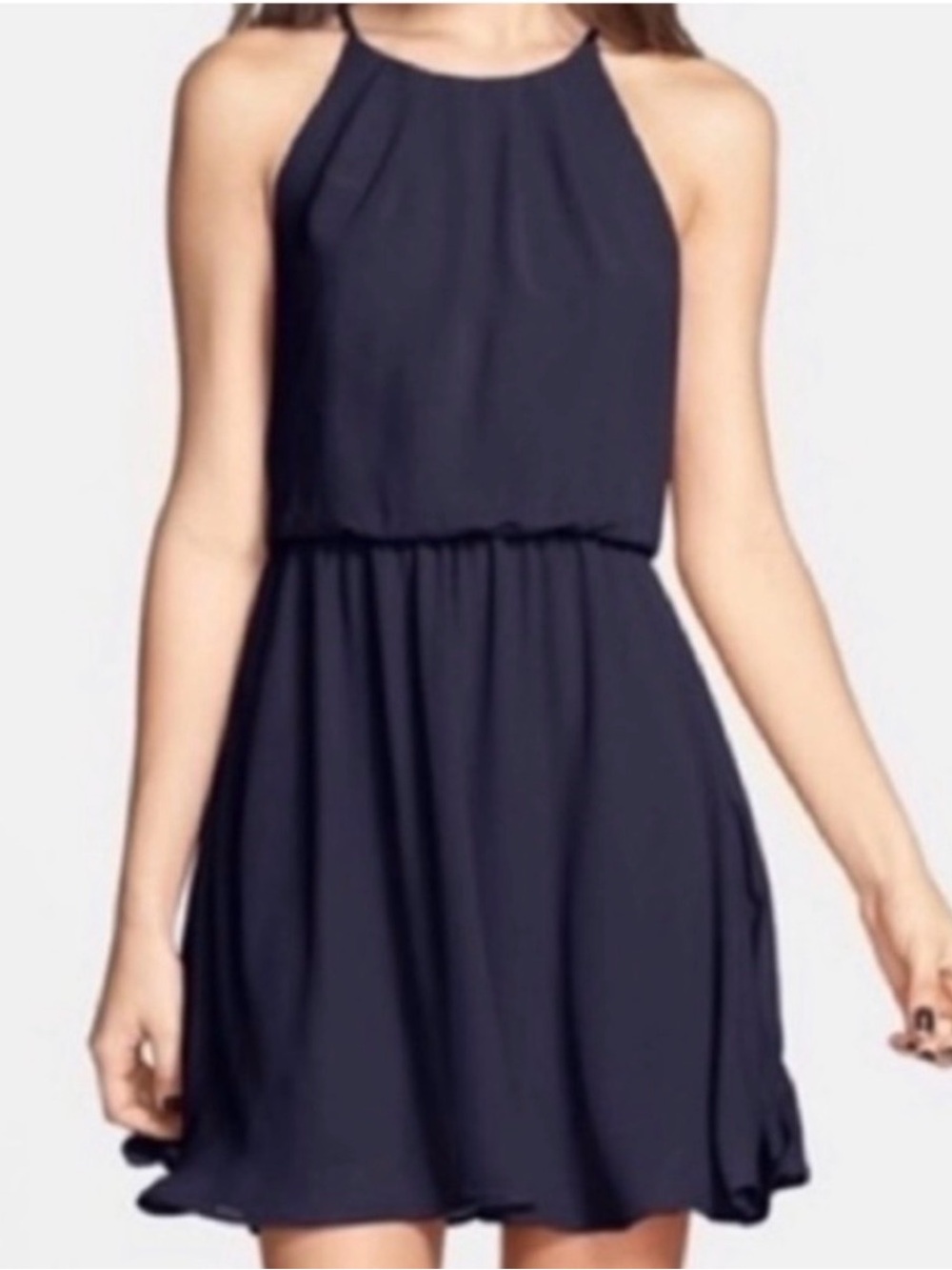 LUSH Navy Blue Chiffon Halter Pleated Mini Dress Size S